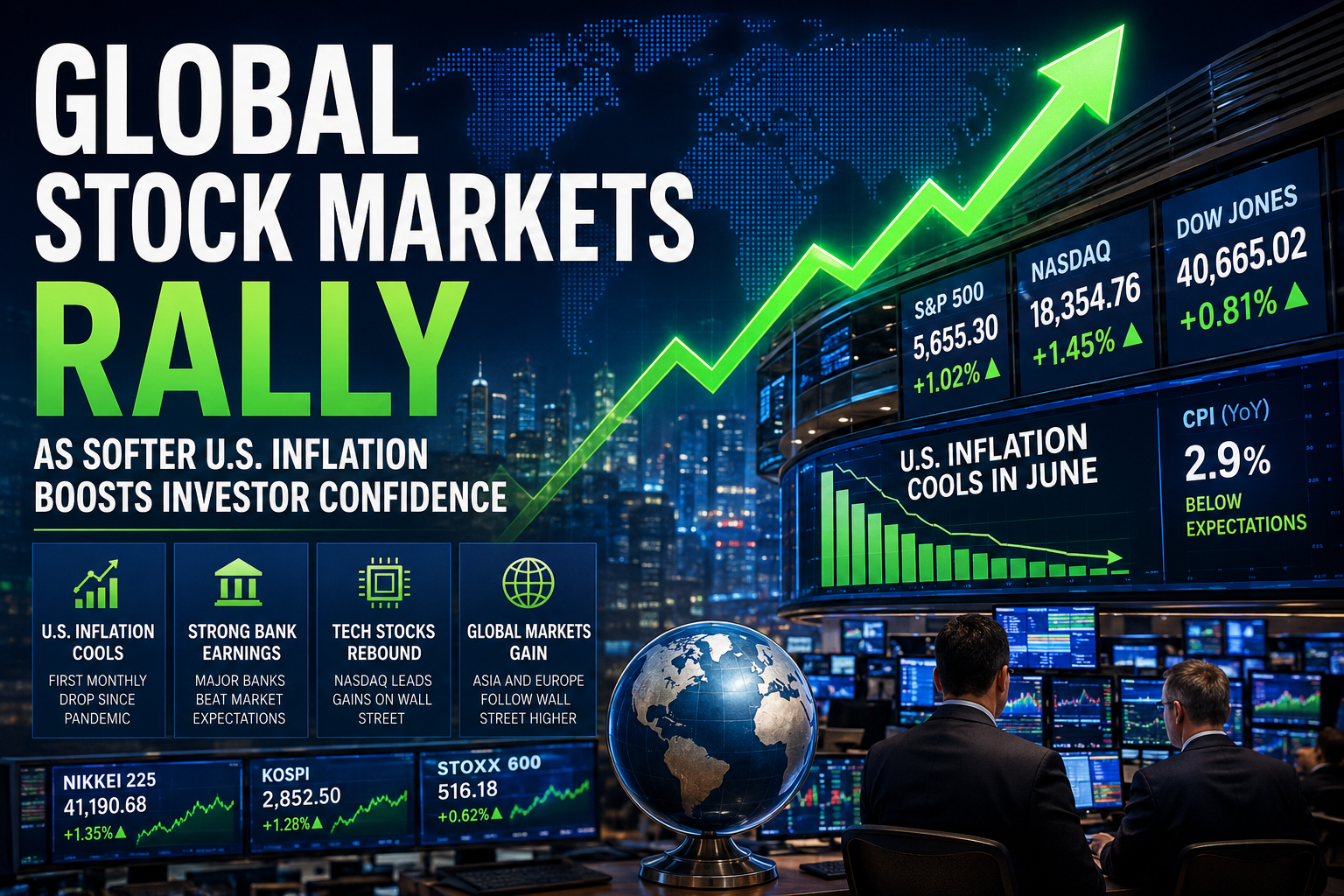 Traders monitoring global stock market performance on multiple financial screens after U.S. inflation data boosts investor confidence.