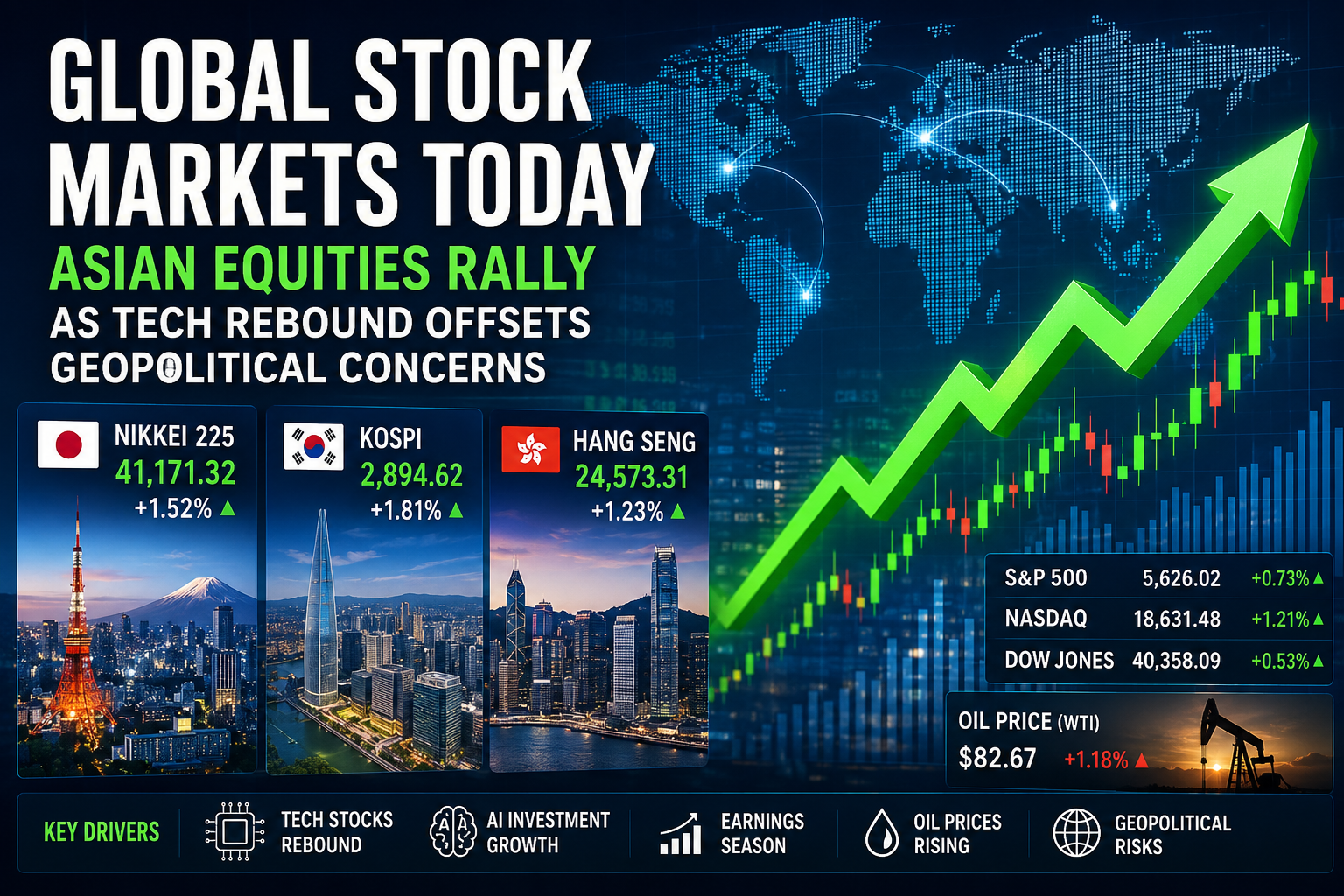 Global stock markets showing rising financial charts as Asian stock exchanges rally following Wall Street's technology-driven recovery.